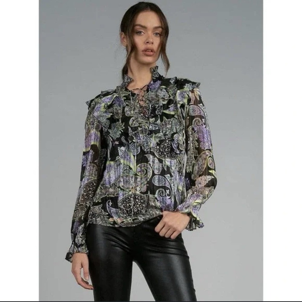 Sheer Black Green Purple Paisley Blouse with Front Tie‎ And Ruffles Boho Size M